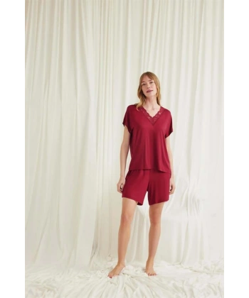 Kısa Kollu Dantelli V Yaka Şort Pijama Takımı - SSSSSS6067-6608
