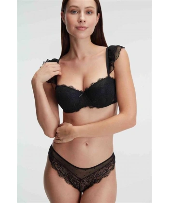 Balenli Destekli Dolgulu Askı Detaylı Puantiyeli Dantelli Sütyen ve Slip Takım - SSSSSS5456-743