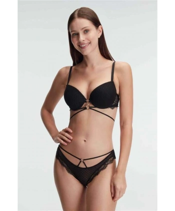 Balenli Destekli Dolgulu Göbek Detaylı Puantiyeli Dantelli Sütyen ve Slip Takım - SSSSSS3243-30