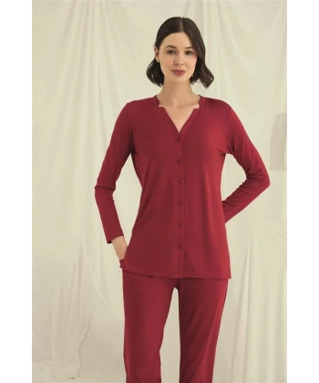 Uzun Kollu Boydan Düğmeli V Yaka Pijama Takımı - SSSSSS5200-5580