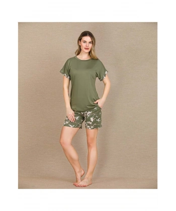 Şık Tasarım Çiçek Desenli Yeşil Şortlu Kısa Kol Viskon Pijama Takımı - SSSSSS7881-5211
