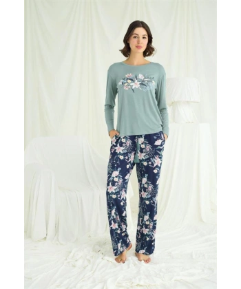 Çiçek ve Yaprak Desenli Baskılı Pijama Takımı - SSSSSS8355-5736