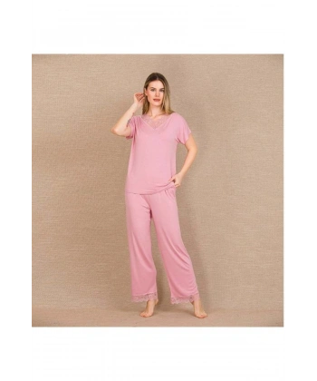 Viskon Şık Tasarım Dantel İşlemeli Pembe Kısa Kol Pijama Takımı - SSSSSS2390-9549