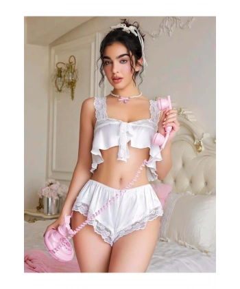 Beyaz Dantel İşlemeli Sütyenli Saten Şortlu Takım - SSSSSS3397-9989