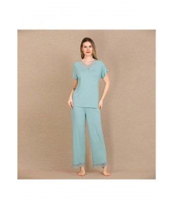Viskon Şık Tasarım Dantel İşlemeli Mint Yeşil Kısa Kol Pijama Takımı - SSSSSS6431-4655