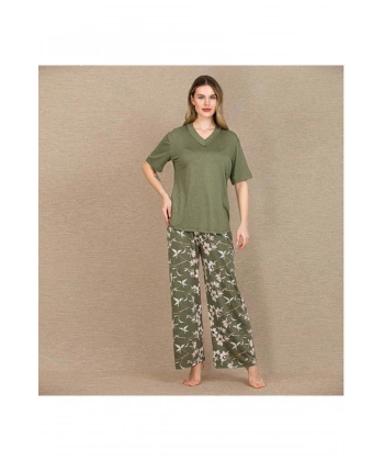 Şık Tasarım Çiçek Desenli Yeşil Kısa Kol Viskon Pijama Takımı - SSSSSS8717-8104