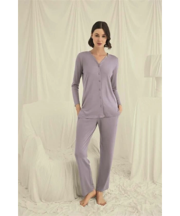 Uzun Kollu Boydan Düğmeli V Yaka Pijama Takımı - SSSSSS2177-6217