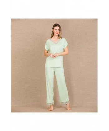 Viskon Şık Tasarım Dantel İşlemeli Açık Yeşil Kısa Kol Pijama Takımı - SSSSSS5375-9092