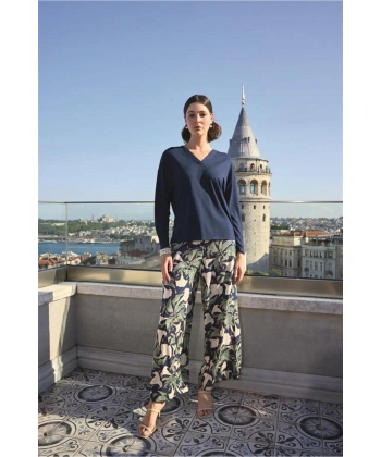 Yaprak Desenli Uzun Kollu V Yaka Pijama Takımı - SSSSSS6737-3545
