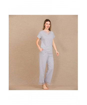 Viskon Şık Tasarım Dantel İşlemeli Gri Kısa Kol Pijama Takımı - SSSSSS5779-7010