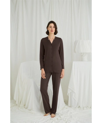 Uzun Kollu Boydan Düğmeli V Yaka Pijama Takımı - SSSSSS7360-6866