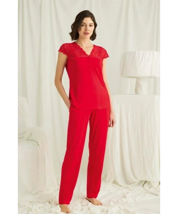 Yakası Kolu ve Omzu Dantelli Önü Düğmeli Pijama Takımı - SSSSSS9128-6510