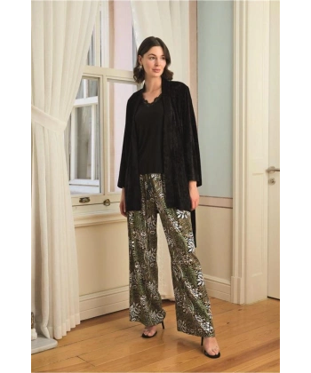 Çiçek Yaprak ve Etnik Desenli Dantelli 3lü Pijama Takımı - SSSSSS5770-4326