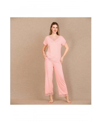 Viskon Şık Tasarım Dantel İşlemeli Açık Pembe Kısa Kol Pijama Takımı - SSSSSS2031-8157