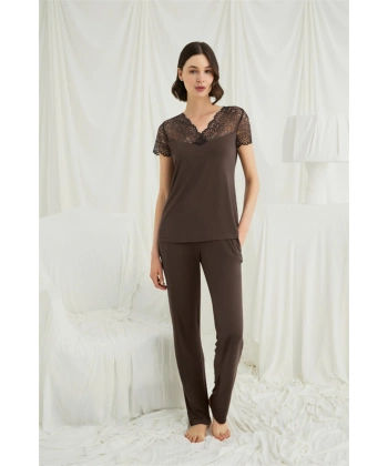 Kısa Kollu ve Dantelli V Yaka Pijama Takımı - SSSSSS2236-8754