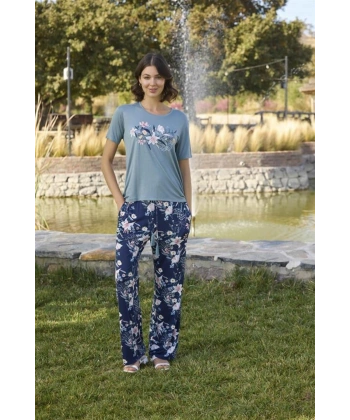 Çiçek ve Yaprak Desenli ve Baskılı Pijama Takımı - SSSSSS6108-6674