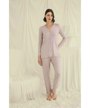 Uzun Kollu Boydan Düğmeli V Yaka Pijama Takımı - SSSSSS4338-2298