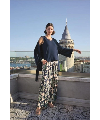 Yaprak Desenli ve Dantelli 3lü Pijama Takımı - SSSSSS3738-2330