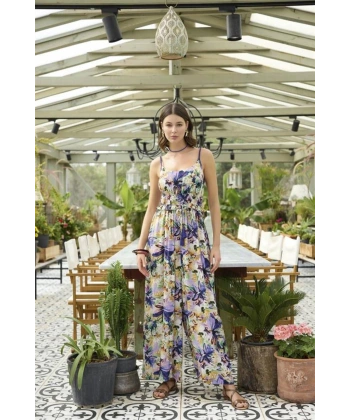 Çiçek ve Yaprak Desenli İp Askılı Tulum - SSSSSS7575-3744