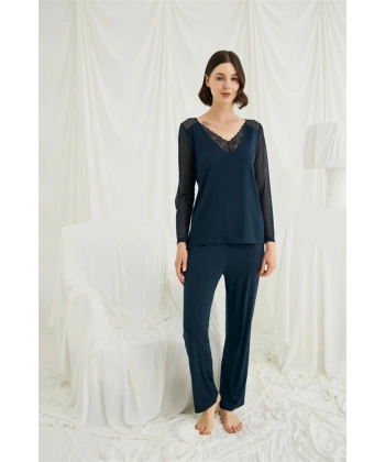 Sırt Dekolteli Uzun Kollu Tüllü ve Dantelli Pijama Takımı - SSSSSS2056-3165