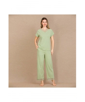 Pamuklu Şık Tasarım Dantel İşlemeli Yeşil Kısa Kol Pijama Takımı - SSSSSS1736-8816