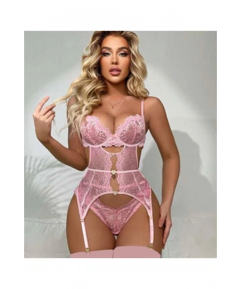 Kalp Aksesuarlı Dantelli Fantezi Pembe Jartiyer Takım - SSSSSS9468-8738