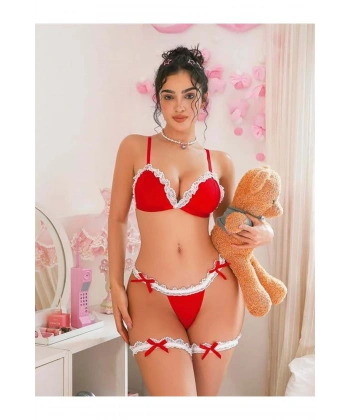 Boyunluklu Bacak Aksesuarlı Kırmızı Fantezi Kostümü - SSSSSS3118-8157