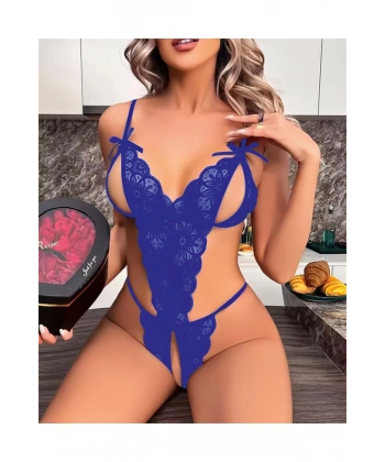 Mavi Dantel İşlemeli Özel Bölgesi Açık Fantezi Body - SSSSSS4644-3407