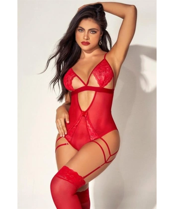 Kırmızı Tül Dantel Detaylı Fantezi Body Jartiyer Takım - SSSSSS8932-6474