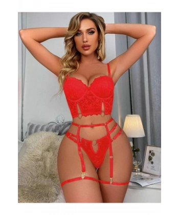Kırmızı Dantelli Jartiyer Fantezi Seksi Büstiyer Takımı - SSSSSS5880-2248
