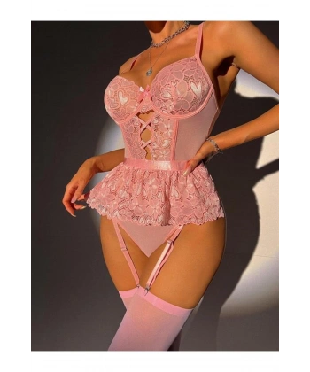 Pembe Dantel İşlemeli Kalp Desenli Fantezi Jartiyer Takımı - SSSSSS6409-1433