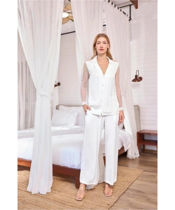 Dantelli ve Tüllü Uzun Kollu Önü Düğmeli Saten Pijama Takımı - SSSSSS8448-8190