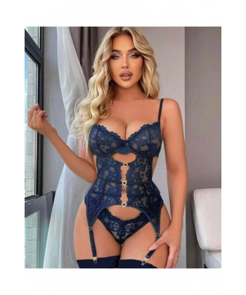 Kalp Aksesuarlı Dantelli Fantezi Mavi Jartiyer Takım - SSSSSS2642-6134