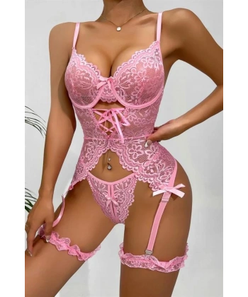 Özel Tasarım Dantelli Fantezi Pembe Jartiyer Takımı - SSSSSS7291-1540