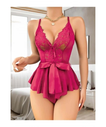 Fuşya Dantel İşlemeli Kurdelalı Fantezi Tül Babydoll - SSSSSS2443-7538