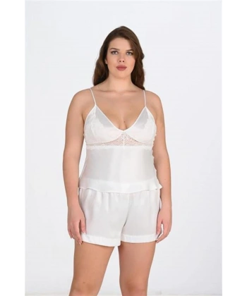 Büyük Beden Ekru Saten Şort Takımı - SSSSSS2061-7270