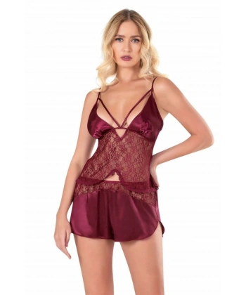Bordo Saten Babydoll Şort Takımı - SSSSSS5367-3394