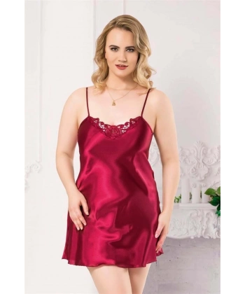 Şık Tasarım Yumuşak Dokulu Büyük Beden Dantel İşlemeli Bordo Kısa Saten Gec - SSSSSS5212-3
