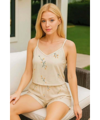 Gri Çiçek Desenli Askılı Şortlu Pijama Takımı - SSSSSS8608-1382