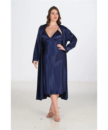 Premium Büyük Beden Saten Lacivert Uzun 2li Gecelik Sabahlık Takımı Bigsize - SSSSSS9484-5938