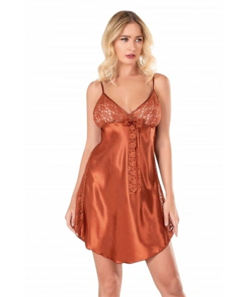 Dantel İşlemeli Tarçın İnce Askılı Kısa Saten Gecelik - SSSSSS4762-3669