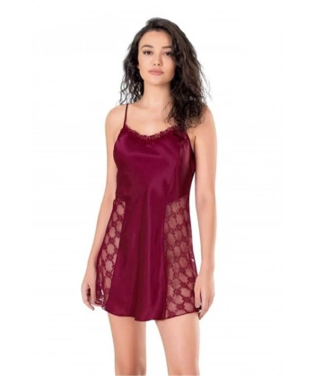 Dantel İşlemeli İnce Askılı Bordo Kısa Saten Gecelik - SSSSSS6590-8438