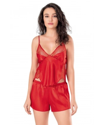 Kırmızı Saten Babydoll Şort Takımı - SSSSSS4757-1018