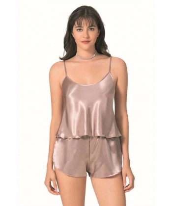 Şık Tasarım Yumuşak Dokulu Vizon Saten Babydoll Şort Takımı - SSSSSS7053-9771