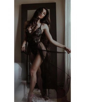 Siyah Belden Bağlamalı Dantelli Body Gecelik - SSSSSS6367-9680