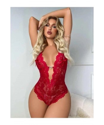 Metal Kalp Aksesuarlı Fantezi Dantelli Kırmızı Body - SSSSSS9064-4249