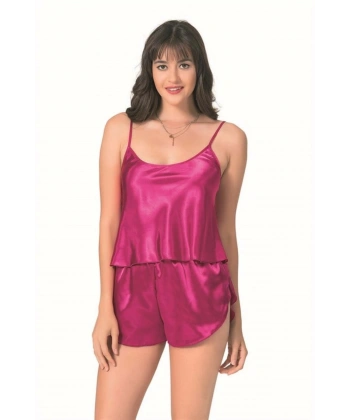 Şık Tasarım Yumuşak Dokulu Vişne Saten Babydoll Şort Takımı - SSSSSS4656-6741