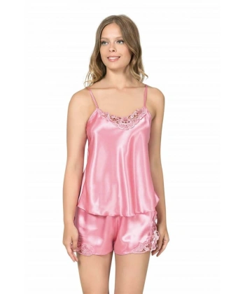 Şık Tasarım Yumuşak Dokulu Dantel İşlemeli Koyu Pembe Saten Babydoll Şort Tak - SSSSSS5855-5