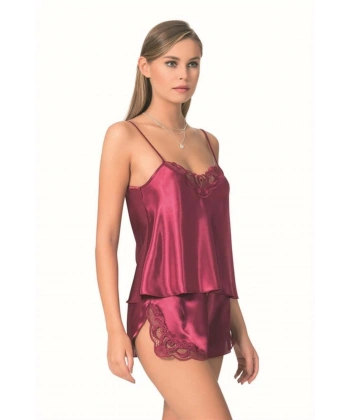 Şık Tasarım Yumuşak Dokulu Dantel İşlemeli Bordo Saten Babydoll Şort Takımı - SSSSSS4672-1