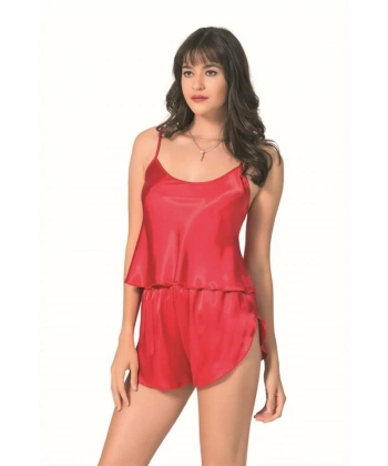Şık Tasarım Yumuşak Dokulu Kırmızı Saten Babydoll Şort Takımı - SSSSSS3159-4858